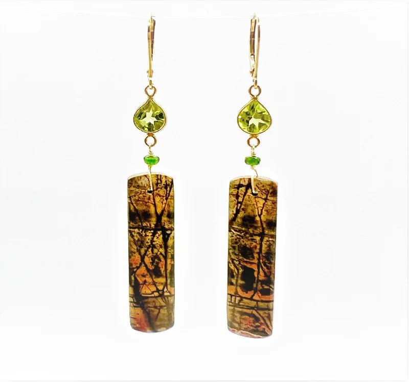 Colorful Acrylic Dangle Earrings-Carved Agate with Faceted Peridots