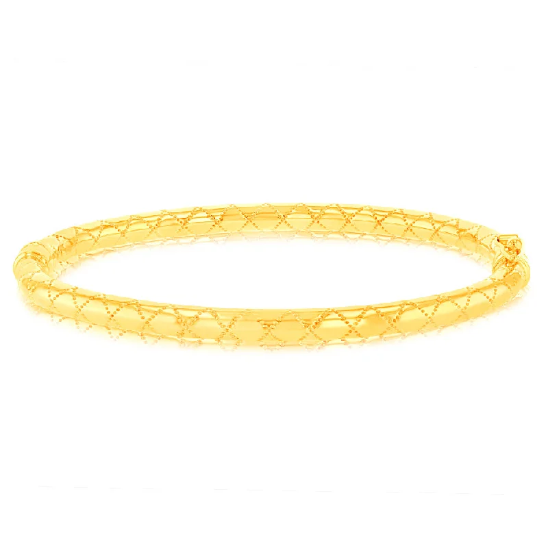 Trendy Gold Bangles with Bold Engraving-9ct Yellow Gold Patterned Hinged Round Bangle