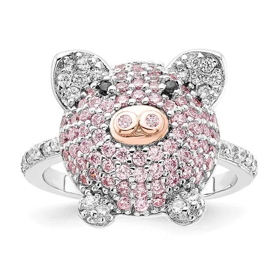 Elegant Gemstone Ring for Engagement with Custom Design-Sterling Silver Pink CZ Pig Ring