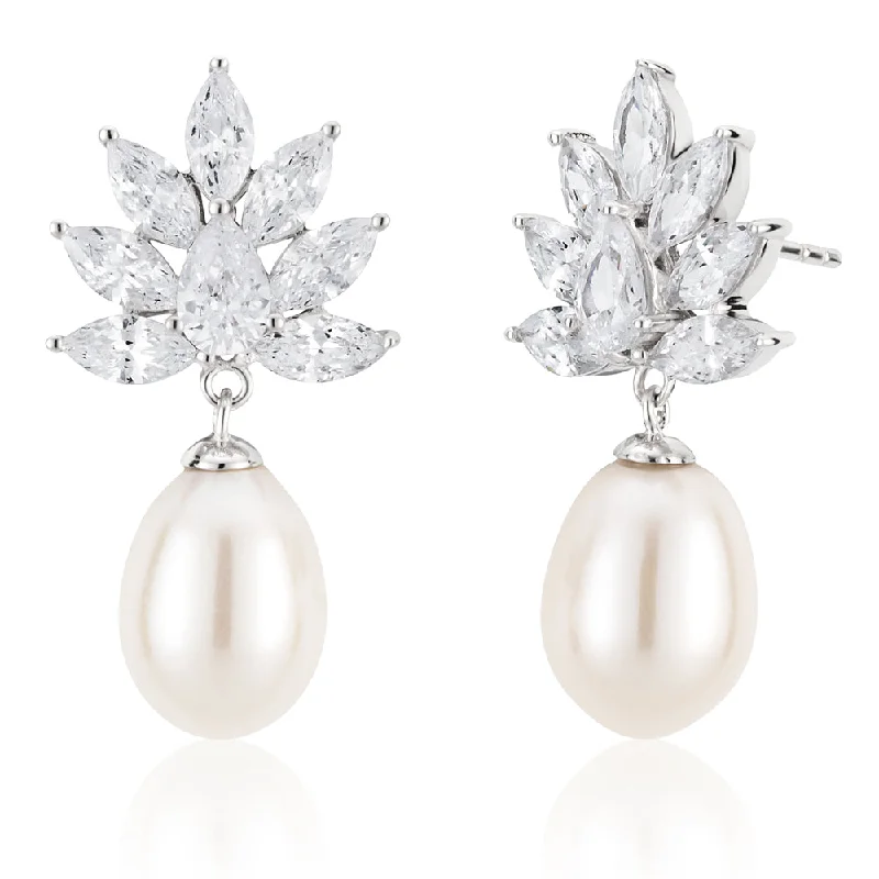 Luxury Silver Earrings for Special Occasions-Sterling Silver Rhodium Plated Freshwater Pearl and Zirconia Earrings