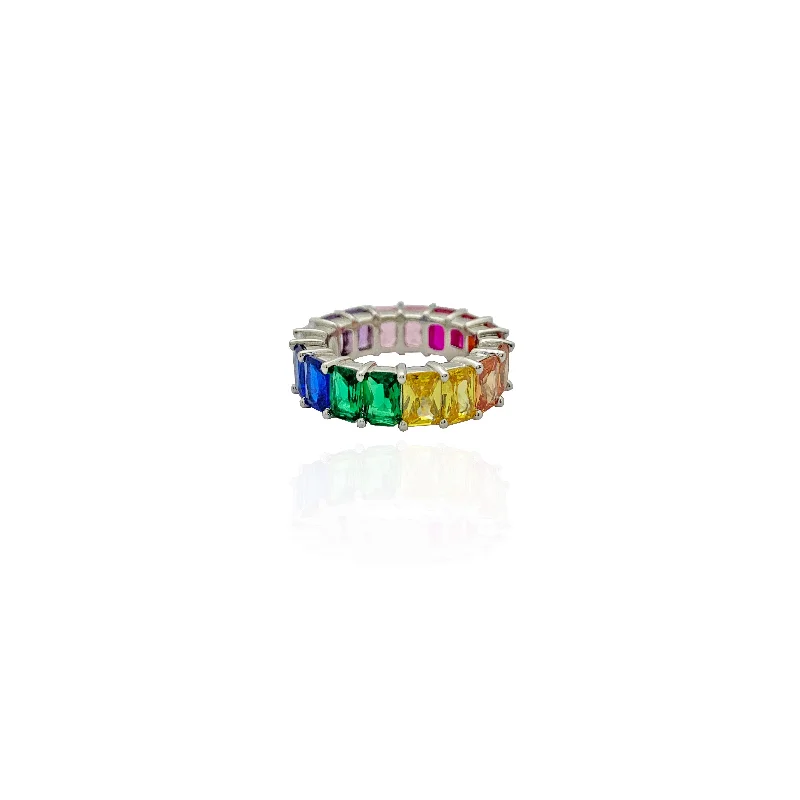 Designer Gold Ring with Emerald Cut Stone for Men-Emerald-Cut Rainbow Stone Eternity Band (Silver)