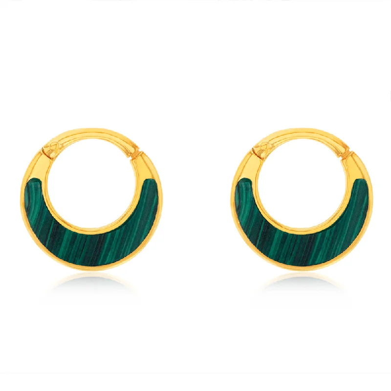 Classic Dangle Earrings for Brides-9ct Sterling Silver Gold Plated Fancy Natural Malachite Hoop Earrings