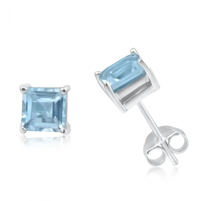 Chunky Hoop Earrings for Women-9ct White Gold 5mm Princess Cut Blue Topaz Stud Earrings