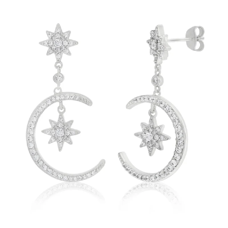 Unique Gold Earrings for Women-Sterling Silver Cubic Zirconia Moon & Star Drop Earrings