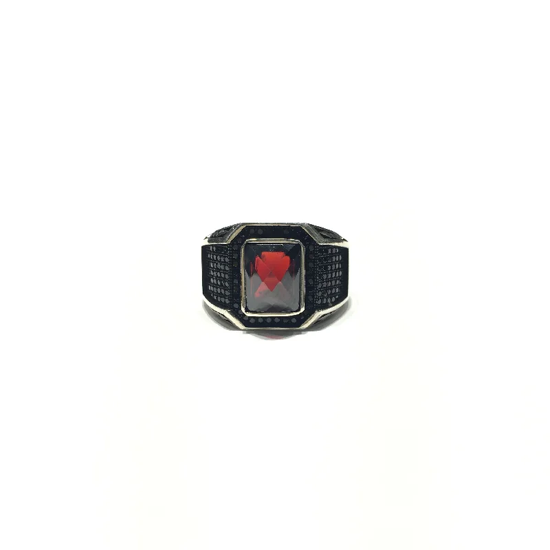 Personalized Couples’ Ring with Special Engraving-Garnet and Black CZ Antique Ring (Silver)