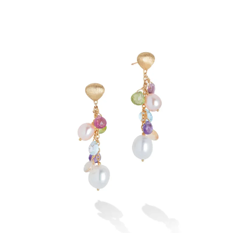 Statement Earrings for Special Events-Marco Bicego Paradise Collection 18K Yellow Gold Mixed Gemstone and Pearl Short Drop Earrings