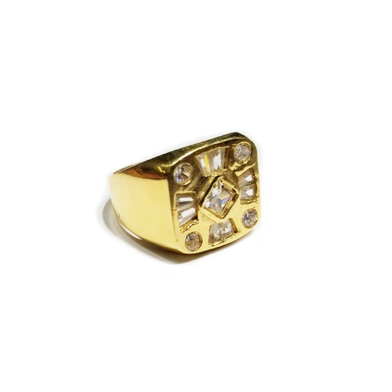 Simple Gold Ring with Engraved Date for Special Events-Iced Out CZ Crystals Yellow Gold Ring (14K)