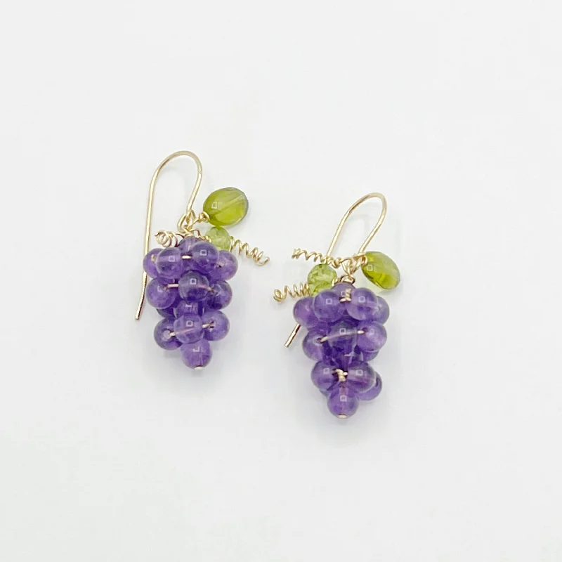 Pearl Earrings with Gold Accents-Amethyst Peridot Grape Cluster Yellow Gold Earrings