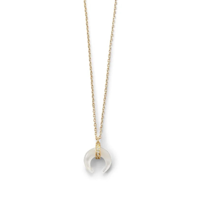 Classic Pendant Necklace with Diamond Accents-Crescent Moon Mother of Pearl with CZ Gold Plated Sterling Silver Necklace