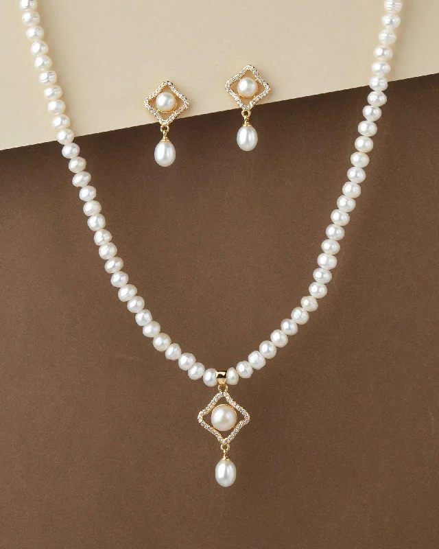 Simple Silver Pendant Necklace for Women-Elegant Real Pearl Necklace Set S23551