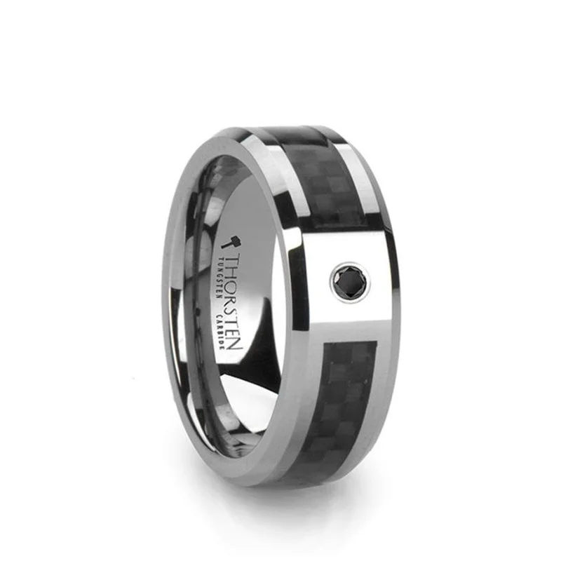 Simple Silver Wedding Band with Custom Message-Thorsten BENTLEY Tungsten Wedding Band with Black Carbon Fiber and Black Diamond Setting - 8mm