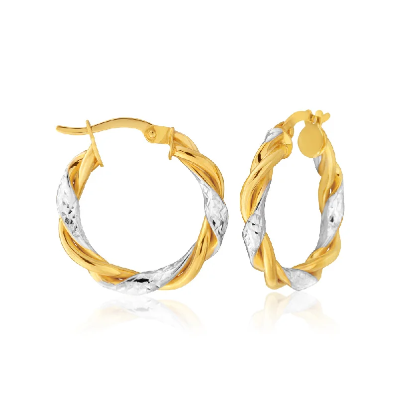 Handmade Earrings with Gemstones-9ct Yellow Gold-Filled Twist Two Tone Hoop Earrings with Diamond Cutting Feature