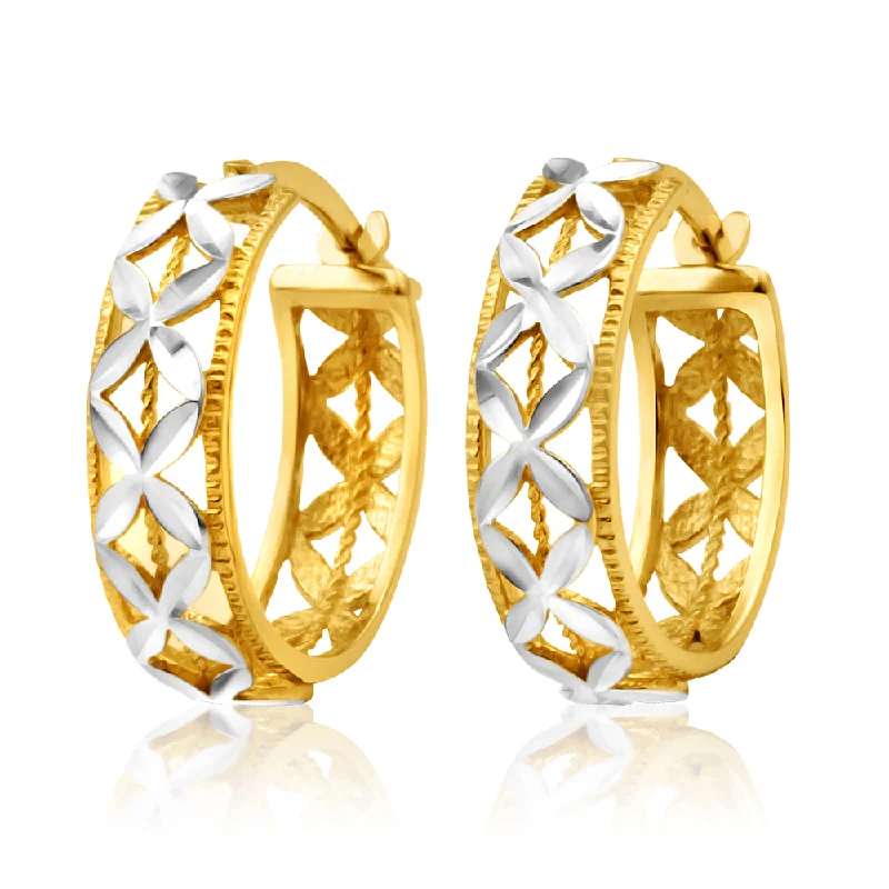 Large Gold Stud Earrings-9ct Yellow Gold & White Snowflake Features Hoop Earrings