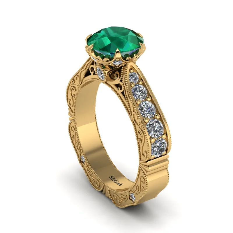 Elegant Engagement Ring with Halo Sapphire and Diamond-Emerald Victorian Scroll Engagement Ring - Kehlani No. 4