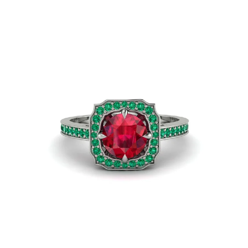 Trendy Customizable Ring for Special Anniversaries-Ruby Cathedral Halo Engagement Ring - Luciana No. 27