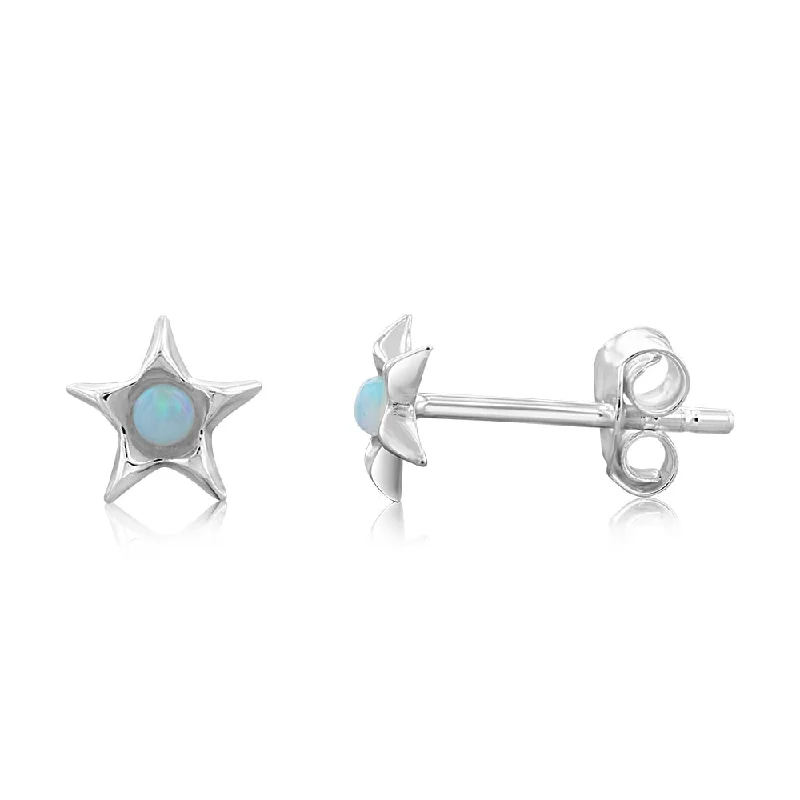 Bright Gemstone Earrings for Summer-Sterling Silver Star Blue Opal Glass Studs Earrings