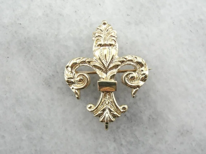 Retro Brooch With Gold Details-Antique Fleur De Lis Brooch in Fine Chased Gold