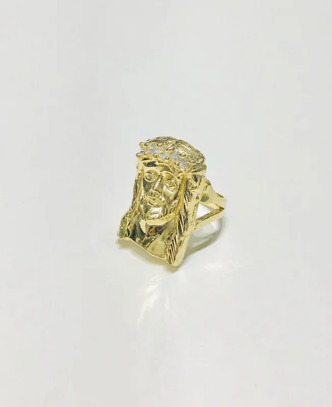 Custom Sapphire Ring with Engraved Wedding Date-Yellow Gold Jesus Head CZ Ring (10K)