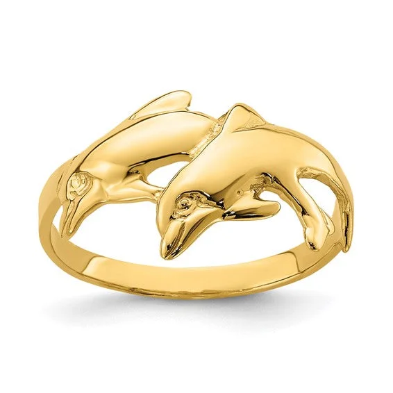 Custom Gold Ring for Couples with Birthstones-14K Yellow Gold Double Dolphins Ring