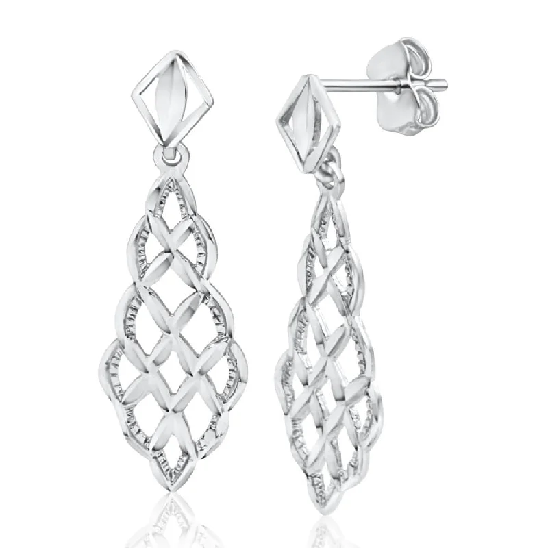 Elegant Earrings with White Pearls-9ct White Gold Filigree Cutouts Stud Drop Earrings