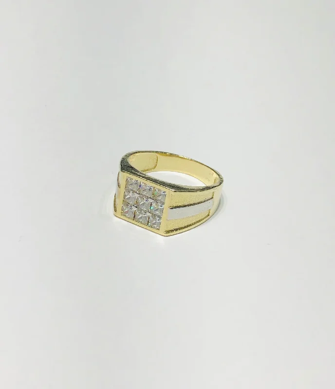 Simple Gold Wedding Band with Custom Text-Nine CZ Square Ring (10K)