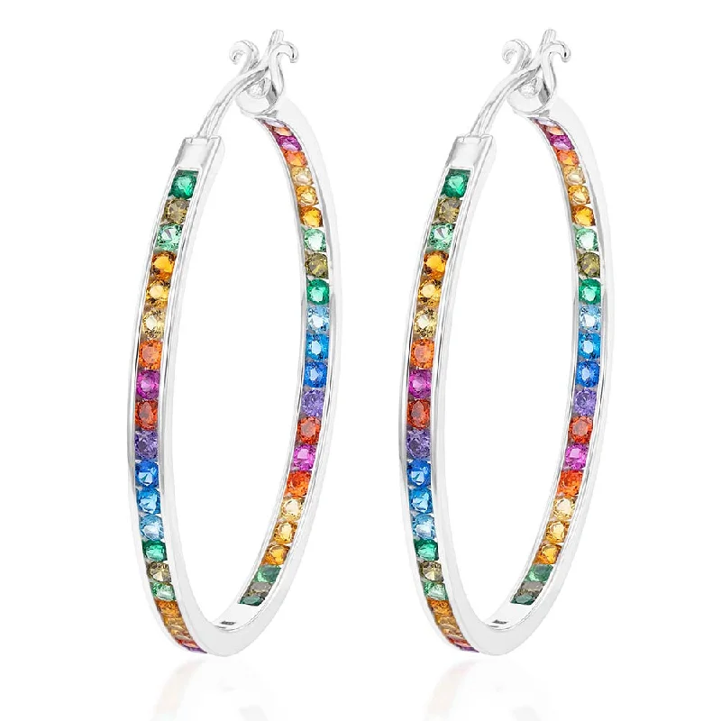 Vintage Gold Earrings for Bridesmaids-Sterling Silver Multicolour Rainbow Cubic Zirconia 40mm Hoop Earrings