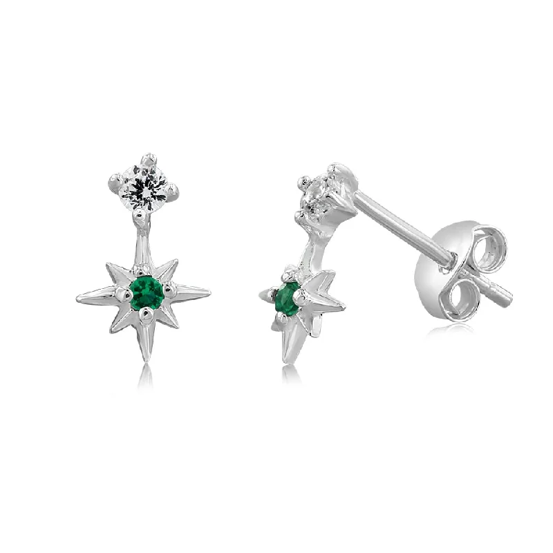 Cute Butterfly Earrings for Kids-Sterling Silver Star Emerald Glass And White Cubic Zirconia Studs Earrings