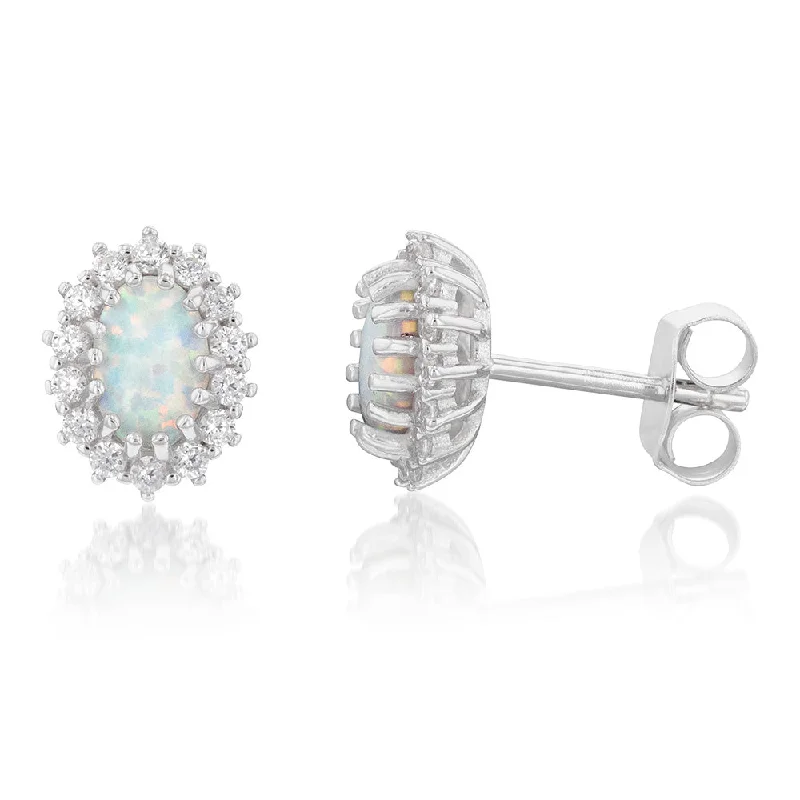 Modern Pearl Earrings for Weddings-Sterling Silver Rhodium Plated Cubic Zirconia Synthetic Opal Round Stud Earrings