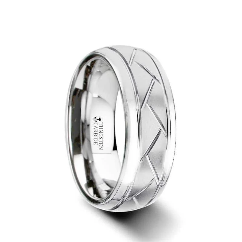 Custom Engagement Ring with Heart-Shaped Gemstone-Thorsten OCTAVIAN Domed Tungsten Carbide Ring with Crisscross Grooves and Brushed Finish - 8mm