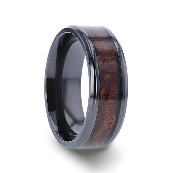 Custom Wedding Band with Engraved Names for Couples-Thorsten CERISE Redwood Inlaid Black Ceramic Ring with Beveled Edges - 8mm