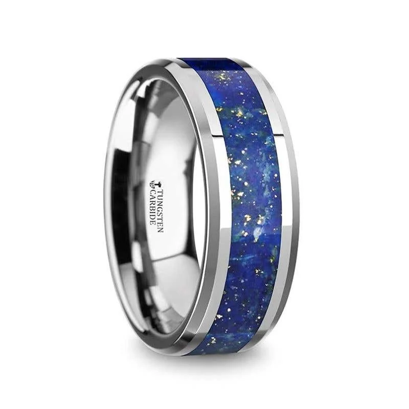 Custom Rose Gold Ring with Gemstone Center Stone-Thorsten OSIAS Tungsten Wedding Band with Blue Lapis Inlay & Beveled Edges - 8mm