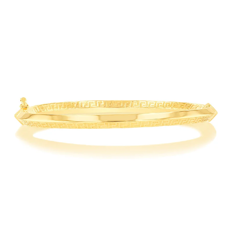 Classic Silver Bangles with Customizable Inlays-9ct Yellow Gold Greek Key Hinged Bangle