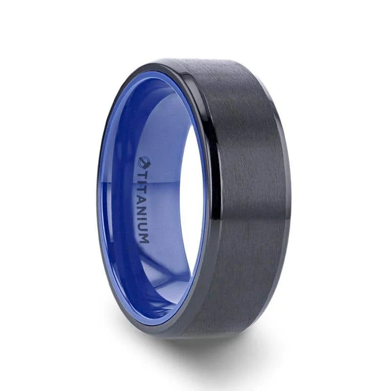 Personalized Wedding Ring Set with Couple’s Names-Thorsten CASTOR Beveled Edges Black Titanium Ring with Brushed Center and Vibrant Blue Inside - 8mm