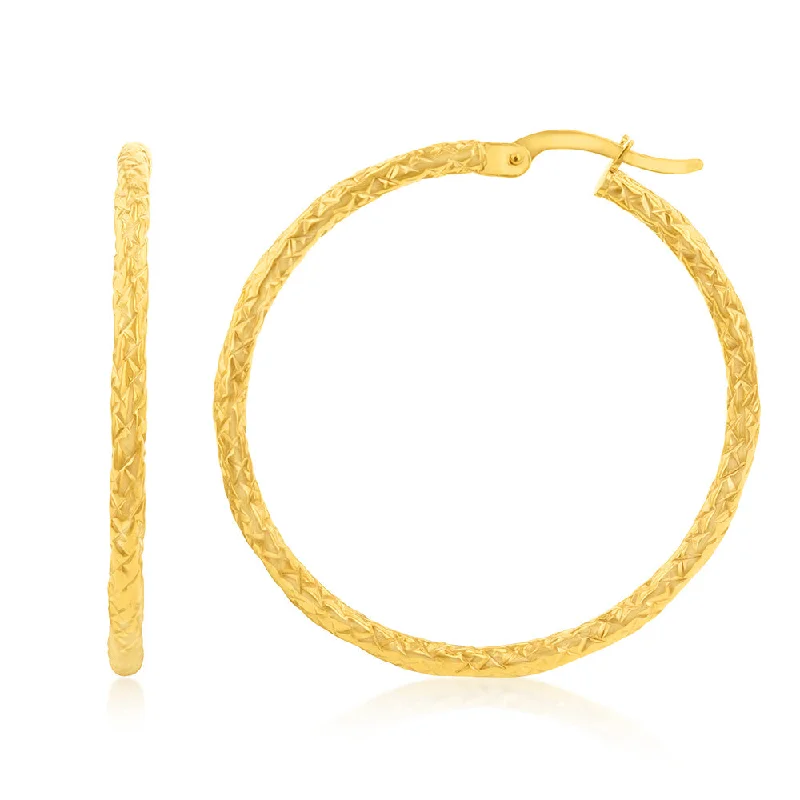 Large Diamond Hoop Earrings-9ct Yellow Gold Silverfilled Diamond Cut 30mm Hoop Earrings