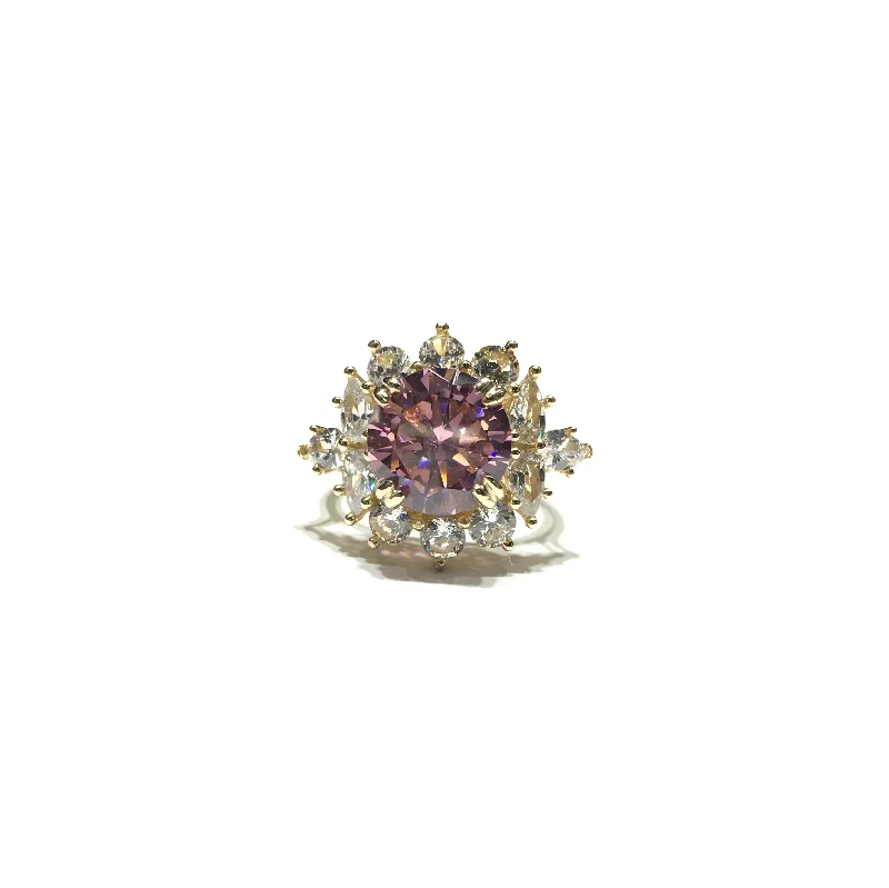 Simple Engagement Ring with Oval Sapphire Gemstone-Round Light Pink CZ Sunburst Statement Ring (14K)