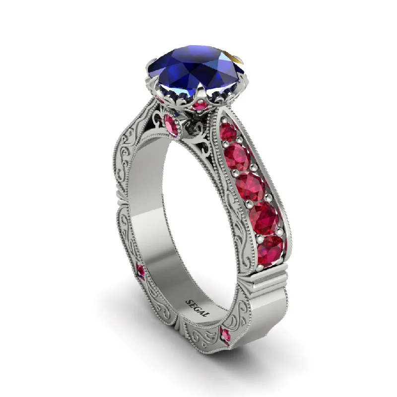 Elegant Sapphire Wedding Band with Diamond Inlay-Sapphire Victorian Scroll Engagement Ring - Kehlani No. 60