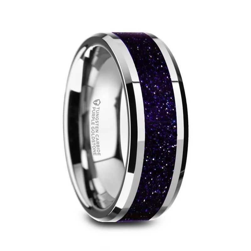 Simple Gold Ring with Engraved Date and Initials-Thorsten MAKI Beveled Polished Finish Tungsten Wedding Ring with Purple Goldstone Inlay - 8mm