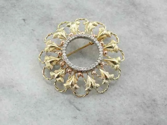 Brooch For Formal Jackets-Vintage Gold and Diamond Brooch with Rose Gold Accents