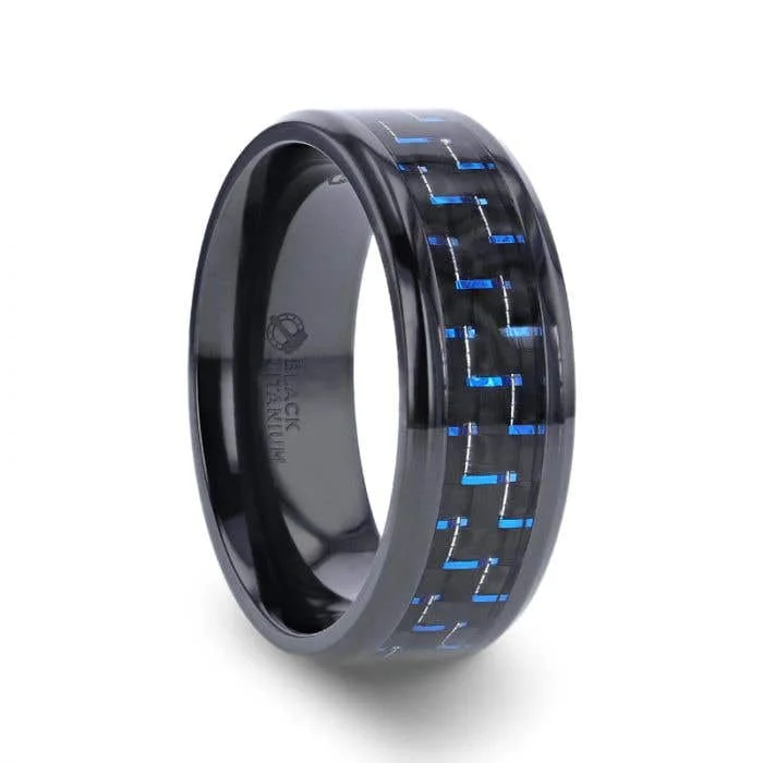 Trendy Gemstone Band Ring with Multiple Stones-Thorsten ZAYDEN Black Titanium Ring with Blue & Black Carbon Fiber Inlay and Bevels - 8mm