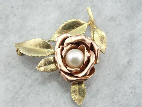 Classic Brooch With Shiny Gems-Green and Pink Gold Rose Brooch with Pretty Pearl Center