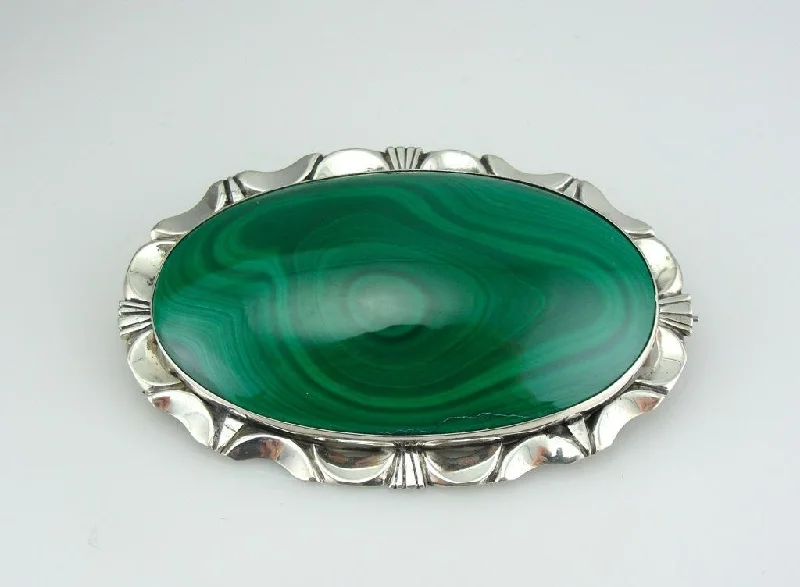 Custom Brooch For Luxury Fashion-Bright Green Malachite Brooch or Pendant with Mid Century Sterling Frame