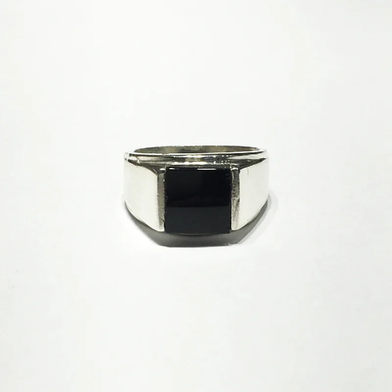 Trendy Engagement Ring with Halo Design-Square Black Onyx Silver Ring