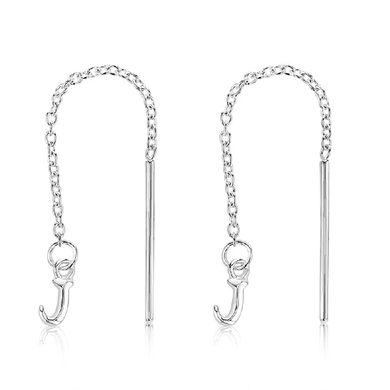 Large Diamond Hoop Earrings-Sterling Silver Initial J Threader Drop Earrings