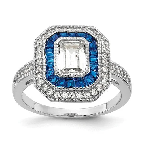 Custom Sapphire Engagement Ring for Brides-Sterling Silver Diamonique And Simulated Sapphire Deco Ring