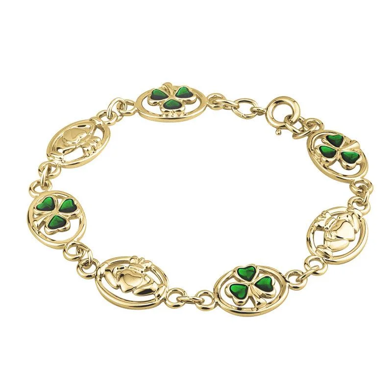 Elegant Silver Bracelet with Adjustable Length-Gold Plated Enamel Shamrock & Claddagh Bracelet