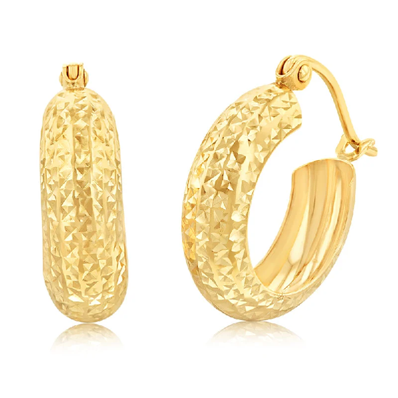 Fancy Drop Earrings for Special Events-9ct Yellow Gold Diamond Cut 15mm Broad Hoop Earrings