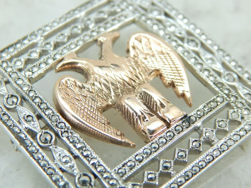 Elegant Brooch For Formal Outfits-Incredible Art Deco Brooch in Sterling and Marcasite with Rose Gold Double Eagle Center