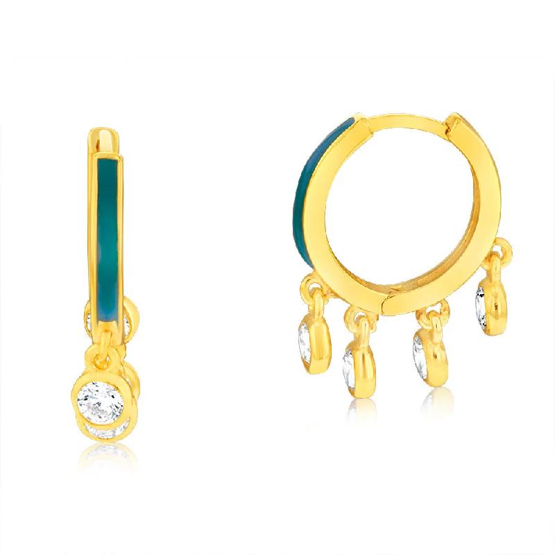 Classic Wedding Earrings with Pearls-Sterling Silver Gold Plated Cubic Zirconia Blue Enamel Hoop Earrings