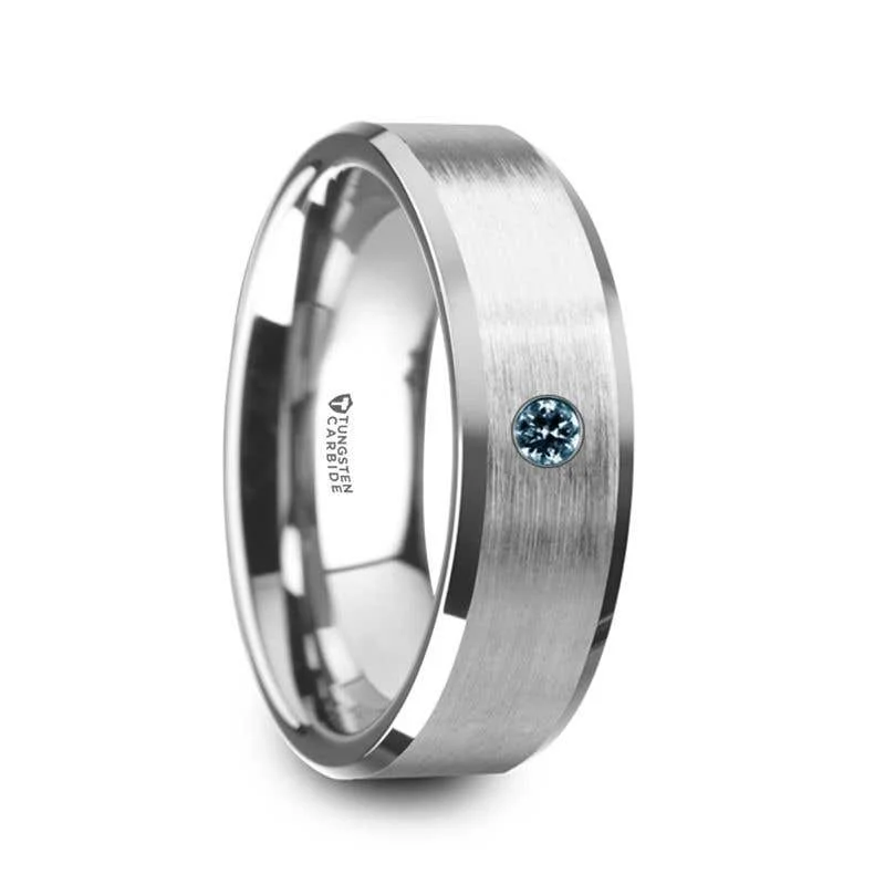 Custom Men’s Wedding Band with Personal Engraving-Thorsten MOORE Flat Brushed Center Polished Beveled Edges Men’s Tungsten Wedding Band with Blue Diamond Setting - 6mm & 8mm