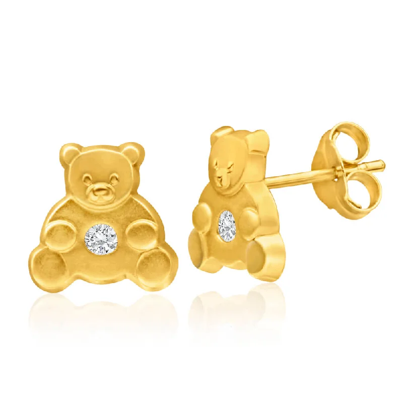 Stylish Gemstone Earrings for Weddings-9ct Yellow Gold Cubic Zirconia Teddy Bear Stud Earrings